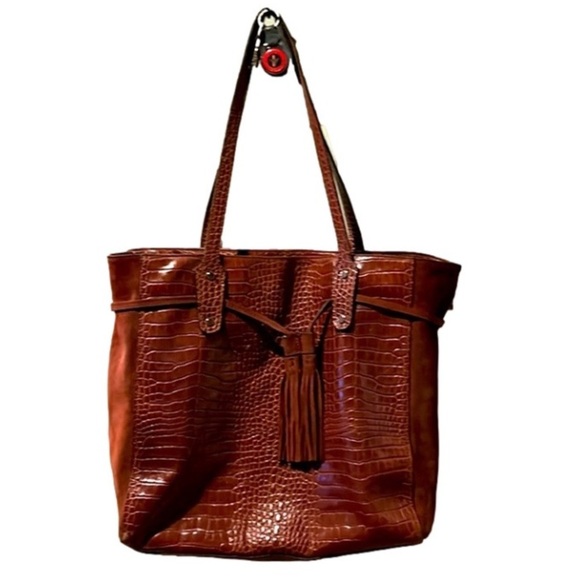 J. McLaughlin Tassel Bag Dark Brown Genuine Suede Crocodile Leather Shoulder Bag - Picture 1 of 17